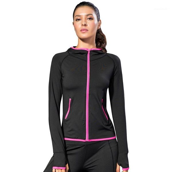 

running jackets women hooded sport coat long sleeve zipper pocket stretchy quick dry yoga jogging fitness gym training sportswear jacket1, Black;red