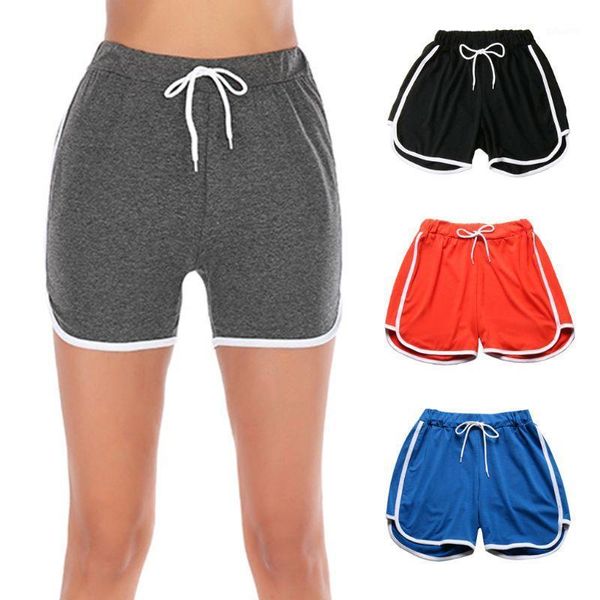 

women summer mid rise workout sport shorts drawstring elastic waist dolphin hem yoga pants contrast trimming fitness running leg1, White;black