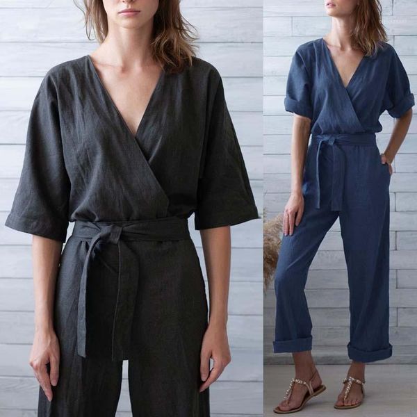 

zanzea 2020 fashion half sleeve rompers women's jumpsuits vintage v neck playsuits belted female casual pants combinaison femme1, Black;white