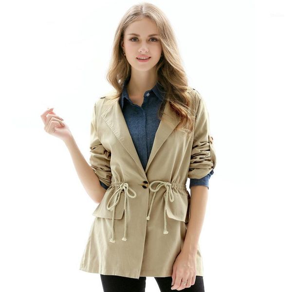 

women's trench coats casual slim women windbreaker long sleeve coat adjustable single button khaki overcoat turn down collar outwear1, Tan;black