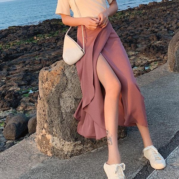 

skirts vintage midi one piece for women loose solid high waist lace up chiffon female long 2021 spring summer, Black