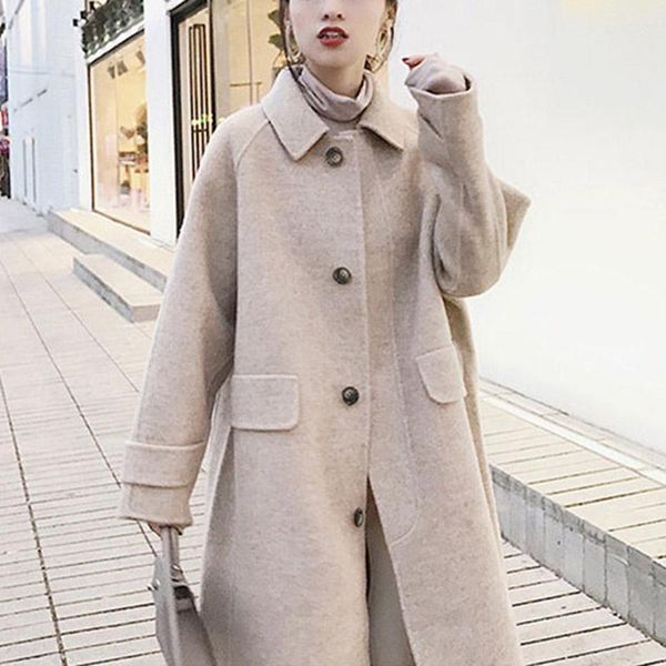 

newly women fashion long sleeve solid color single-breasted warm coats 2019 fashion autumn winter cashmere wool coat ir-ing1, Black