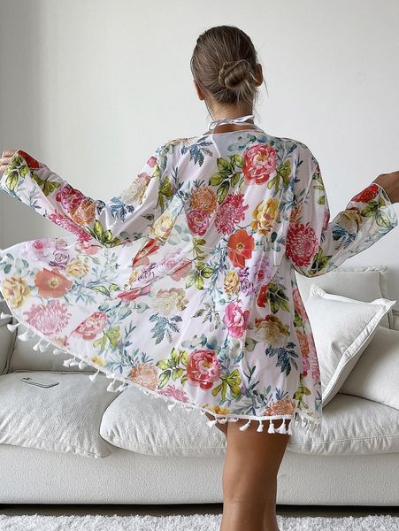

floral print tassel kimono h1gm#, White;black