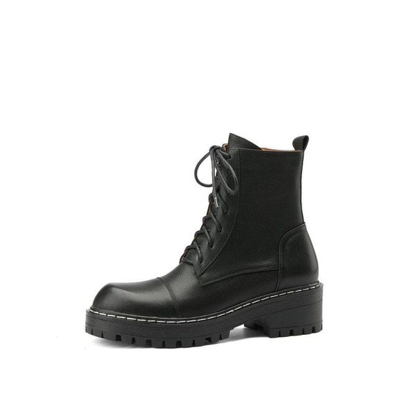 

new concise cross tied round toe square heel ankle boots genuine leather zipper shoes for women winter party shoes woman, Black