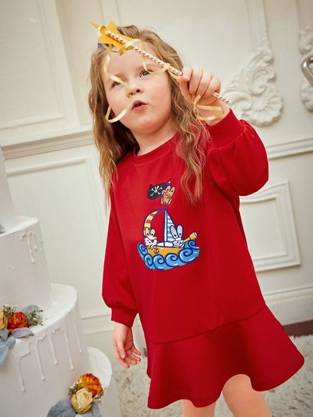 

x emi bee toddler girls cartoon graphic ruffle hem dress she, Red;yellow