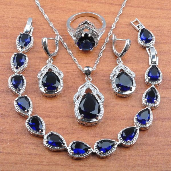

wedding jewellry blue zirconia silver color jewelry set for women earrings necklace pendant rings bracelet js0308