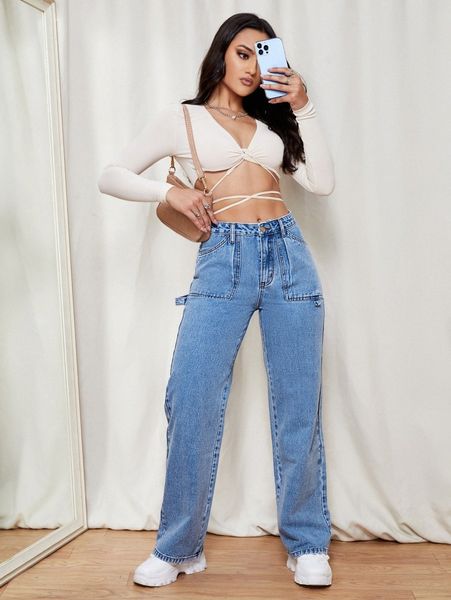 

high waisted slant pocket straight leg jeans y7xi#, Blue