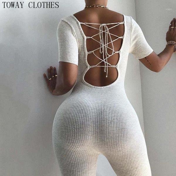 

ribbed lace-up strappy back bodycon jumpsuit bodysuit slim fit sports short pants club backless biker shorts playsuit1, Black;white