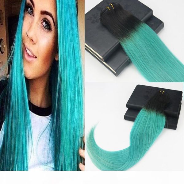 

10-30" 7pcs 120g straight hair ombre color #1b fading to #teal full set clip in hair extensions, Black;brown