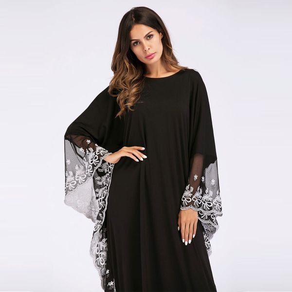 

Fashion Adult lace embroidered Robe Maxi Dress for women batwing sleeve chic gown kaftan ramadan EID abaya plus size VKDR1140