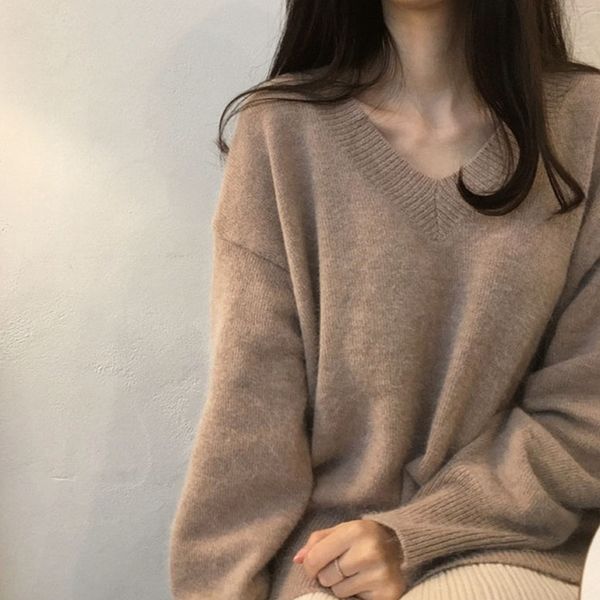 

autumn and winter new korean v-neck knitted bottoming shirt long sleeve fashion female students lazy wool t-shirt