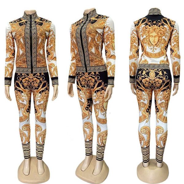 

ins 2020 autumn women fashion printed sports stitching casual trousers long sleeve two-piece jacket and bodycon pants suit, Gray