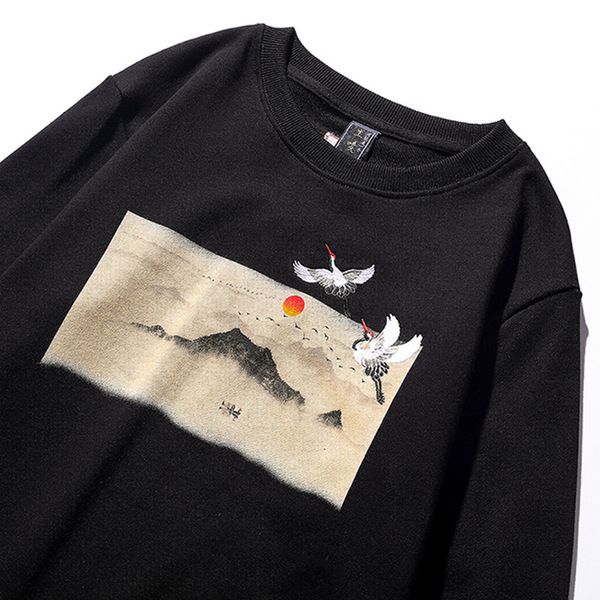 

chinese wind crane embroidered round-necked guard clothes men's tide country tide mountain water painting print pattern clothes, Black
