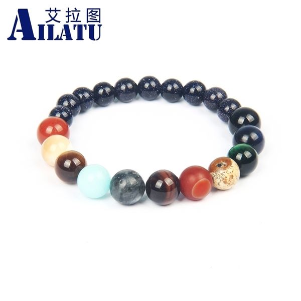 

ailatu new eight planets beaded bracelet men natural mix stones universe yoga chakra solar jewelry y200730, Black