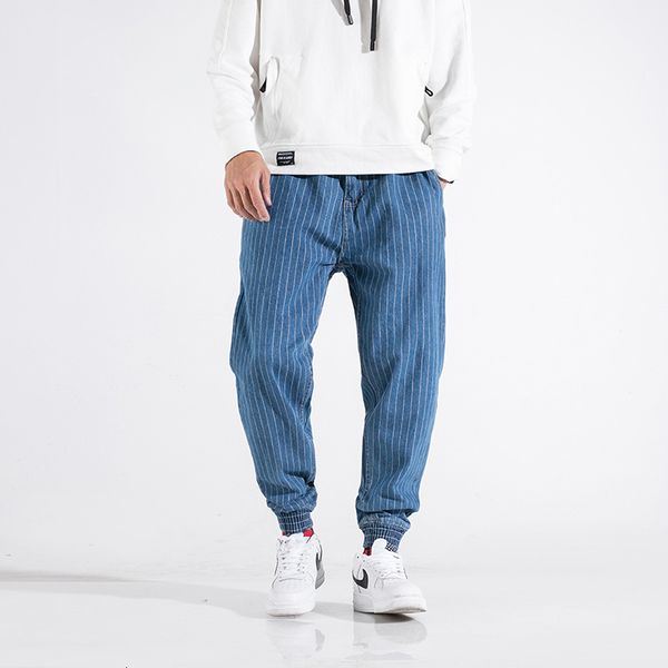 

2021 new japanese style fashion men jeans vintage stripe casual cotton cargo pants streetwear designer hip hop joggers wide leg trousers 1qv, Blue