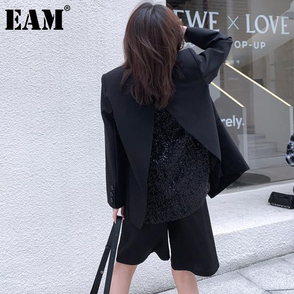 

eam] women back back vent sequins split blazer new lapel long sleeve loose fit jacket fashion tide spring autumn 2021 1z367, White;black