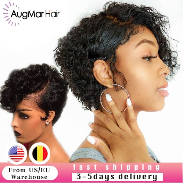 

13x4 pixie cut wigs lace front wigs wavy short bob remy hair 150% glueless 4x4 curly hd wig pre plucked hairline bleached kno, Black;brown