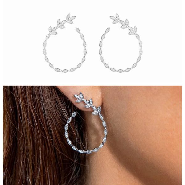 

megique 925 sterling silver leaves floral stud earrings micro cubic zirconia stones for women brand jewelry, Golden;silver