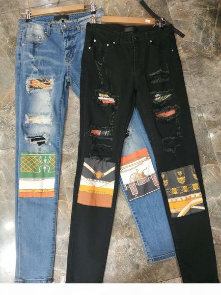 

new design winter mens jeans designer hole colour patch spliced ripped high street destroyed denim jeans us size w28-w40, Blue