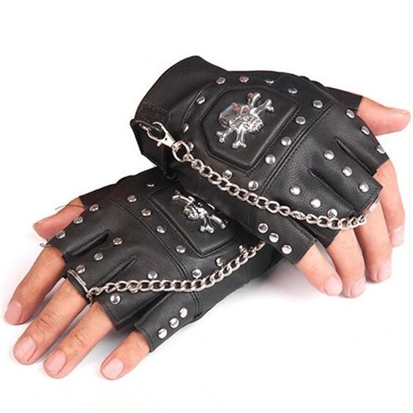 

mens semi-finger gloves hip-hop skull gloves personality punk leather gloves chain mens fingerless rivet glove r2000 201021, Blue;gray