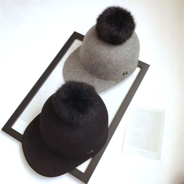 

new winter keep warm wool felt hats women wool fedoras hat retro equestrian knight caps female rabbit fur ball baseball cap 201019, Blue;gray