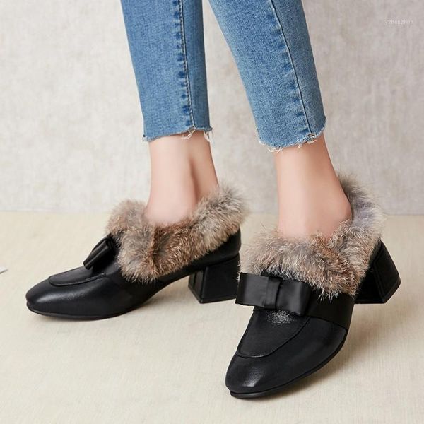 

boots us4-11 womens square toe real fur sequins bowknot block chunky heel warm ankle winter shoes 3colors plus size c7931, Black