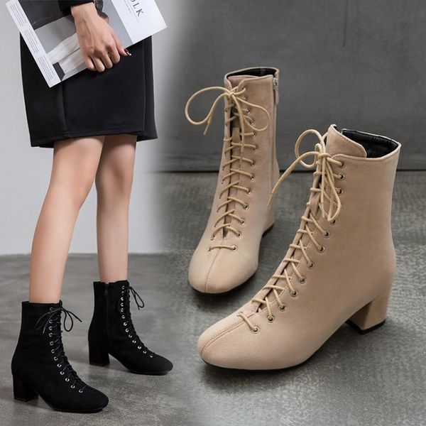 

women ankle boots round toe high heels pumps lace up warm matin shoes woman chaussure zapatos mujer gladiator booties wxz242 y200723, Black