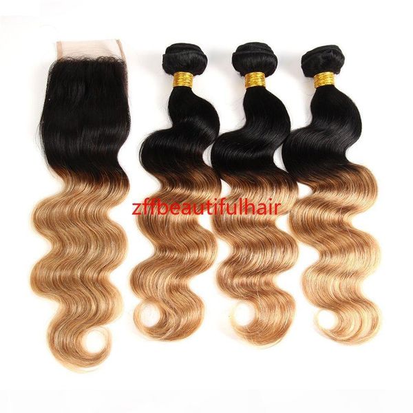 

ombre brazilian hair 3 bundles with closure ombre human hair body wave 3 pcs with lace closure human hair for women, Black
