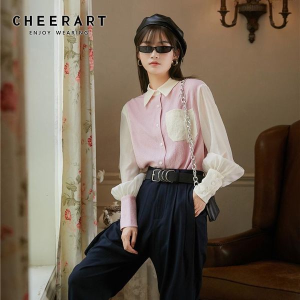 

women's blouses & shirts cheerart pink color block lantern sleeve button up shirt women long blouse casual ruched fall korean fashion c, White
