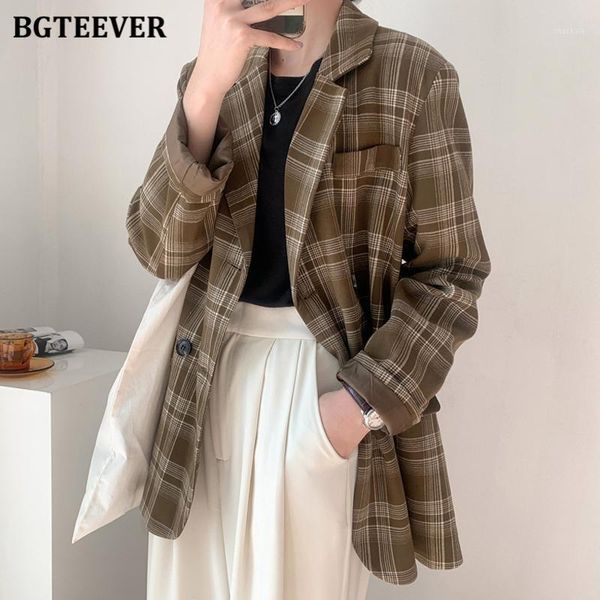 

bgteever vintage notched collar plaid blazer women 2020 long sleeve double breasted streetwear female suit jacket autumn winter1, White;black