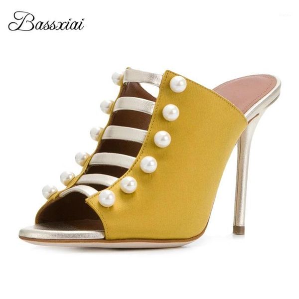 

luxury satin pearl decor runway mules lady 10cm thin high heels open toe elastic band cut out slingbacks women sandals1, Black