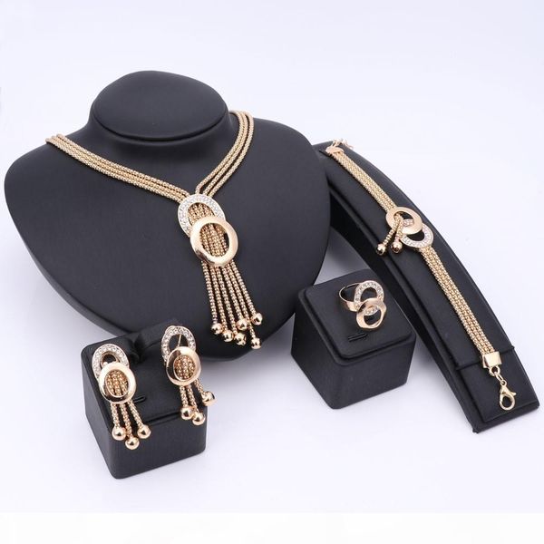 

african jewelry sets women wedding gold plated crystal tassel necklace fashion bridal ring bracelet earrings accessories, Slivery;golden