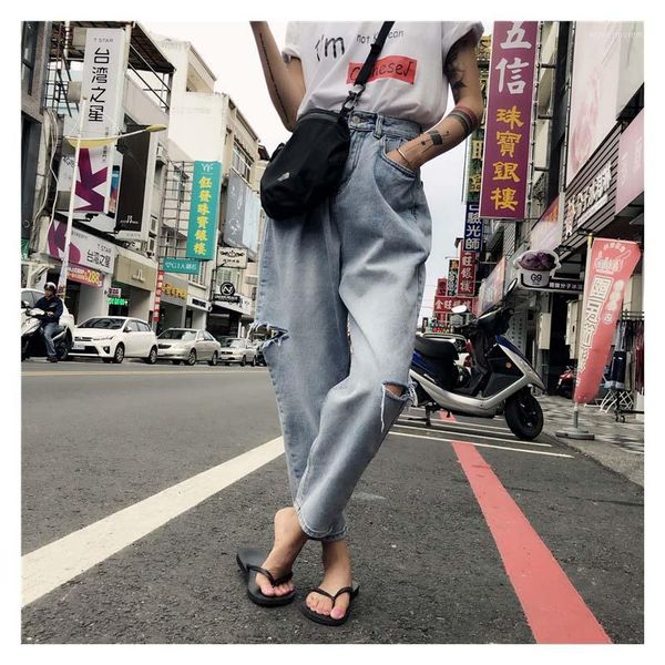 

2019 pontallon high waist jeans woman boyfriend hole womens loose pants plus size ripped ankle jean denim harajuku women black1, Blue