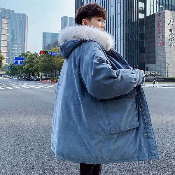 

korean style long coat men's warm fashion casual fur collar hooded coat men overcoat wild loose thick winter jacket mens clothes, Black