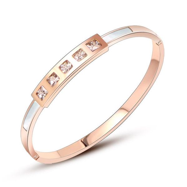 

european style rose gold color stainless steel bracelets with cubic zirconia classic white shell bangles for women jewelry gift, Black