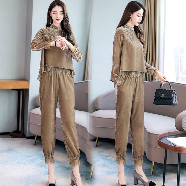 

podqx fashion wide cfr44 pants suit women's autumn winter 2020 feixian net red leg thin lace lace wide show pants two piece suit women, Gray