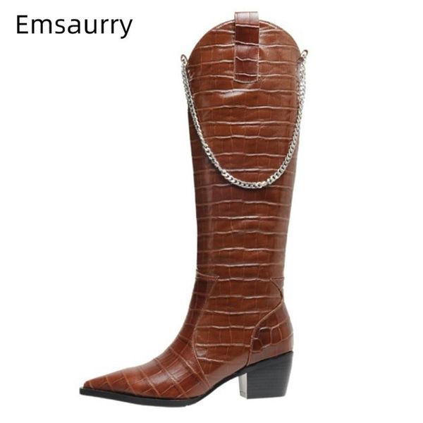 

string chian decor knee high boots women pointed toe square heel stone grain real leather autumn winter boots woman, Black