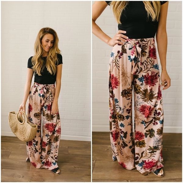 

2021 new female summer in front pocket flower leisure belt comfortable tube straight beach wide pants thqj, Black;white
