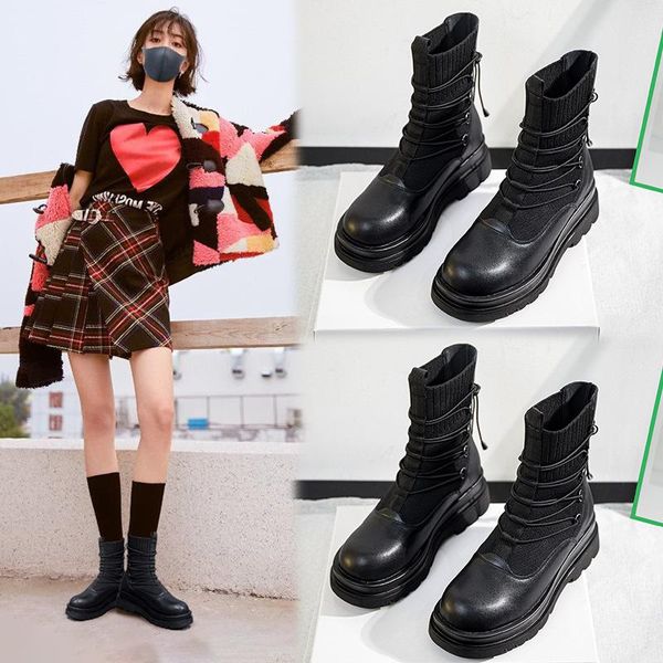 

boots women genuine leather split ankle for winter thick velvet flat platform lace up woman motorcycle, Black