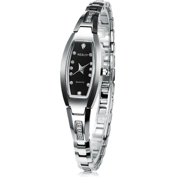 

aesop diamond steel watch women luxury sliver band black ladies watch clock femme relogio feminino, Slivery;brown