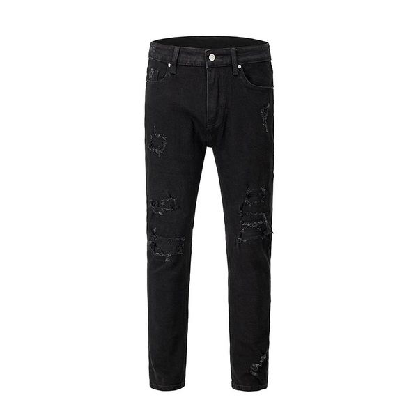

new men's male personality high street style holes patch black all-match slim-fit jeans denim pants trousers, Blue