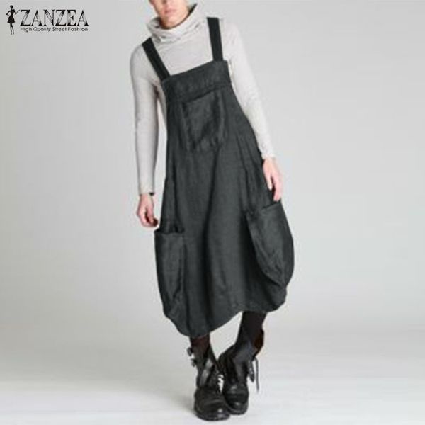 

2020 zanzea casual dungarees midi vestidos women's sundress fashion summer autumn overalls dress female front pockets robe femme y0118, Black;gray