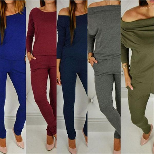 

spring autumn women jumpsuit off shoulder long sleeve solid color pockets lady casual rompers h91, Black;white