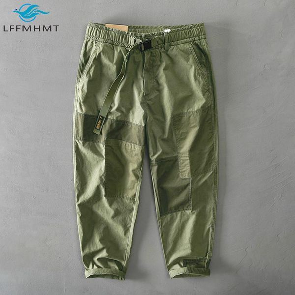 

men's pants men winter fall fashion pure cotton patchwork elastic waist casual cargo pant male japan style harajuku khaki loose trouser, Black
