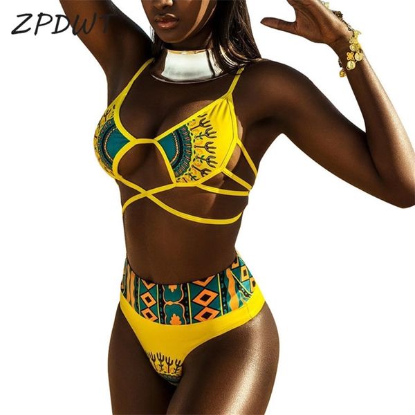 ZPDWT Seksi Tribal Baskı Mayo Kadınlar Afrika Mayo Mayo Yüksek Bel Bikini Sarı Plaj Yüzmek Giyim Küçük Sandıklar için T200708