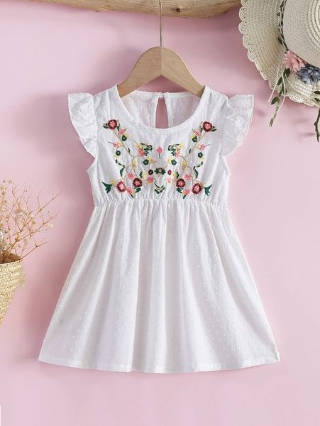 

baby floral embroidered ruffle sleeve keyhole back dress she, Red;yellow