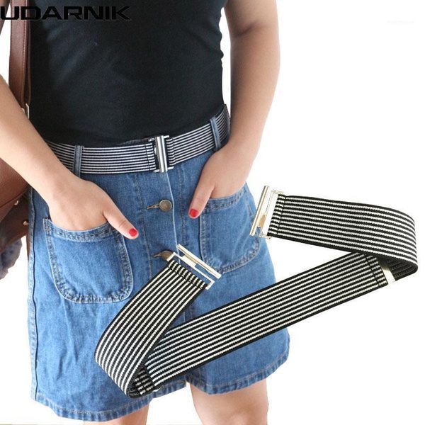 

women canvas striped elastic waist belt knitted stretch waistband cinch thin corset without buckle 4cm 038-a7231, Black;brown