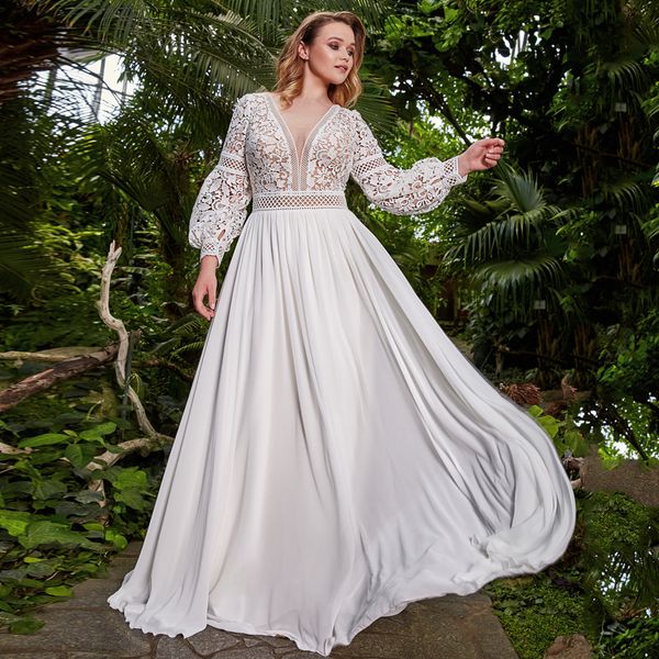 

2021 new elegant bohemian lace wedding es fashion v neck lantern sleeves illusion a line beach bridal plus size 26bb, White