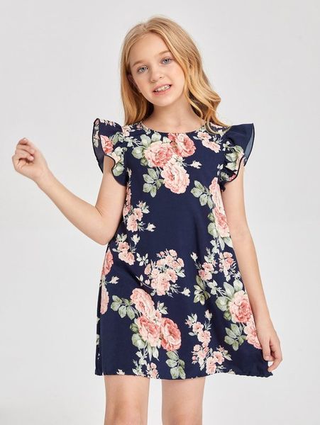 

girls ruffle trim floral print dress she04, Red;yellow