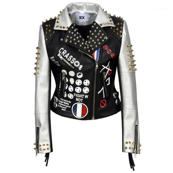 

s to xxl 3xl pu leather jacket women letter print graffiti rivets coats punk biker fringed motorcycle cazadora cuero mujer1, Black